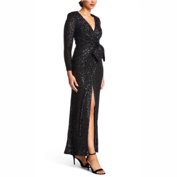 🚨SOLD🚨‼️‼️   ~  Eliza J Black Sequin Tie Waist Long Dress - Picture 1 of 4